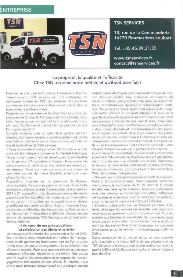 Page de la revue CPME 16 de janvier 2020 consacrée à TSN Services